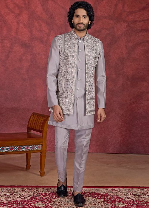 Grey Art Silk Kurta Pant With Detailed Jacket