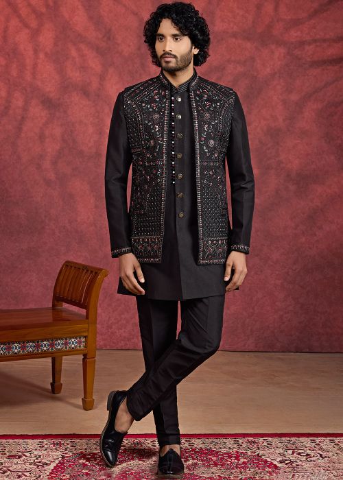 Black Art Silk Kurta Pant With Embellished Jacket