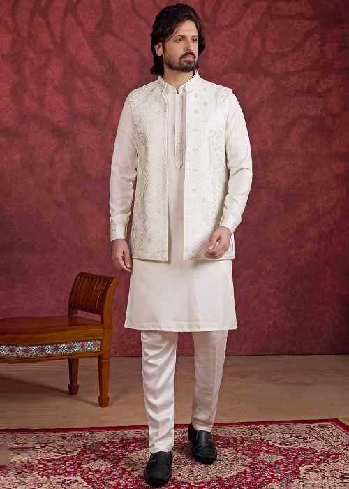 Cream Art Silk Kurta Pant With Intricate Jacket
