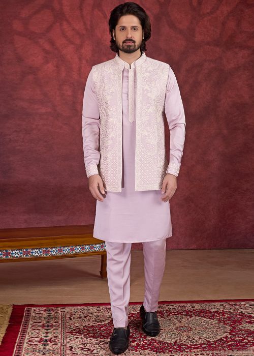 Lavender Art Silk Kurta Pant With Embroidered Nehru Jacket