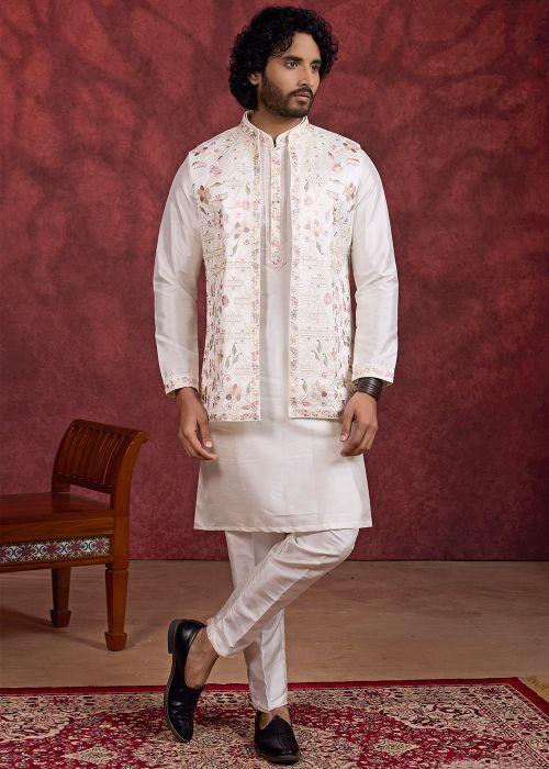 Cream Art Silk Kurta Pant With Floral Jacket