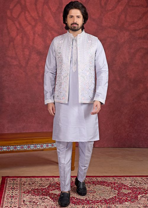 Light Grey Kurta Pant With Embroidered Jacket
