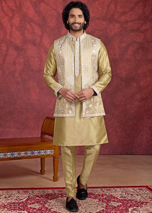 Golden Art Silk Kurta Pant With Nehru Jacket