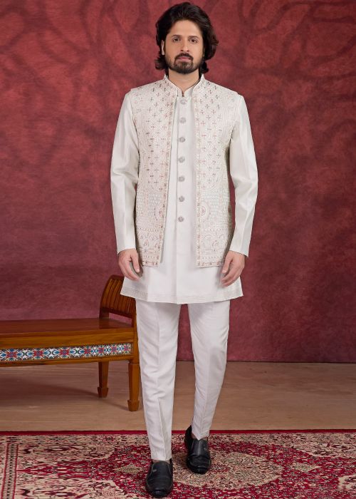 White Art Silk Kurta Pant With Embroidered Nehru Jacket