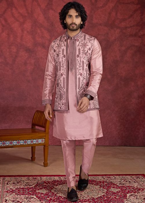 Pink Art Silk Kurta Pant With Embellished Jacket