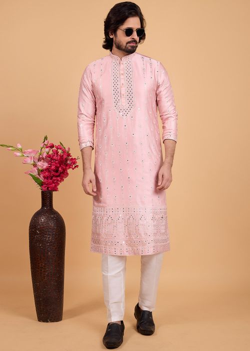 Pastel Pink Art Silk Kurta Pajama With Sequins