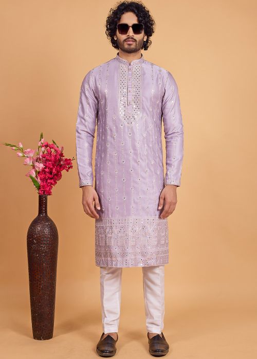 Lavender Art Silk Kurta Pajama With Subtle Sequins