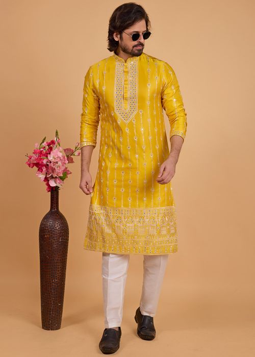 Yellow Art Silk Kurta Pajama With Thread Detail