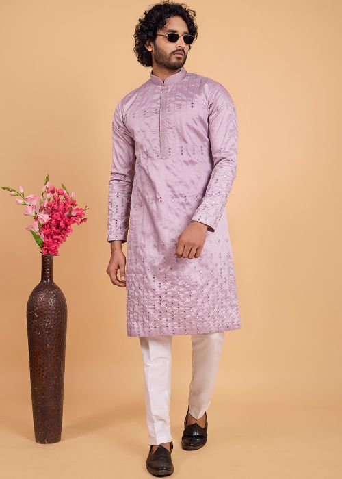 Lavender Art Silk Kurta Pajama With Embellished Sequins