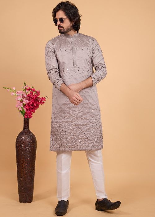 Beige Art Silk Kurta Pajama With Textured Sequins