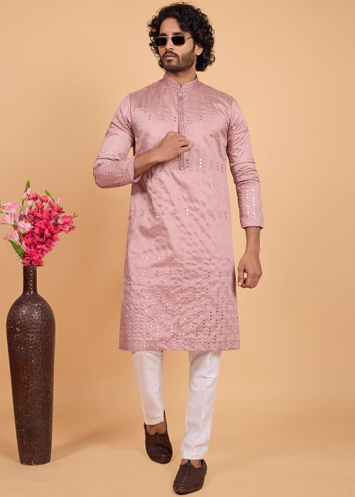 Blush Pink Art Silk Kurta Pajama With Thread Work