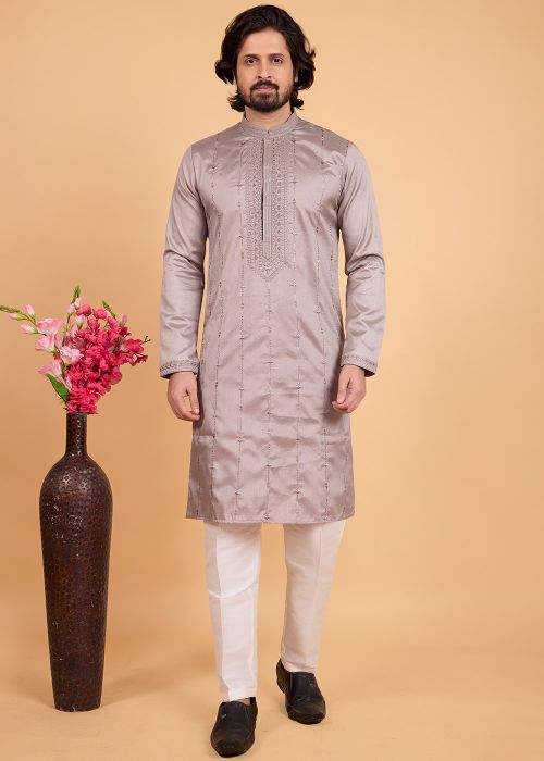 Beige Art Silk Kurta Pajama With Sequins Work