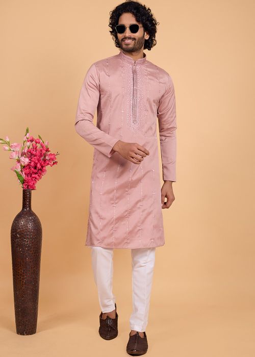 Rose Pink Art Silk Kurta Pajama With Embroidery