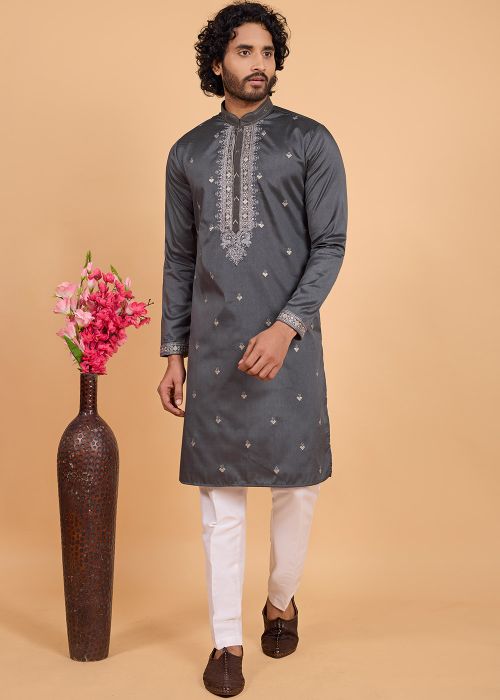 Charcoal Grey Art Silk Kurta Pajama With Embroidery