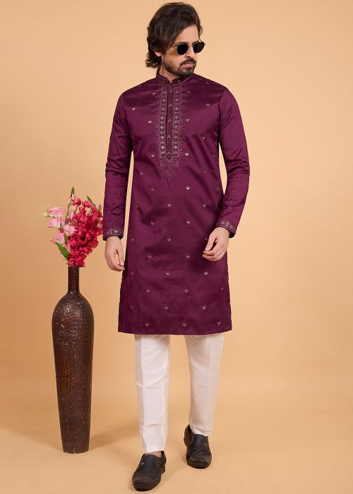 Purple Art Silk Kurta Pajama With Thread Embroidery