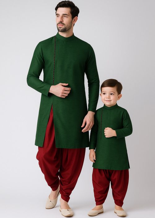 Green Dupion Silk Father Son Dhoti Kurta Set