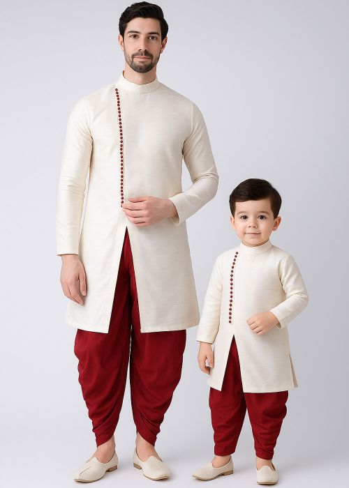 White Dupion Silk Father Son Combo Set