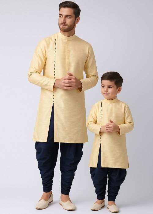 Cream Dupion Silk Father Son Dhoti Kurta Set