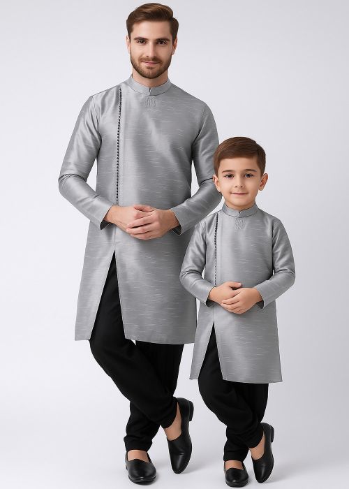 Grey Readymade Father Son Dhoti Kurta Set