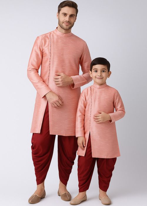 Pink Dupion Silk Father Son Dhoti Kurta Set