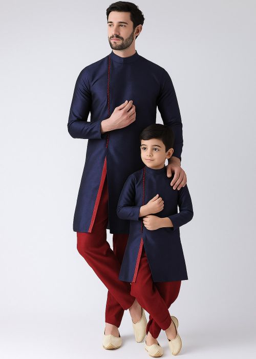 Navy Blue Dupion Silk Father Son Combo Set