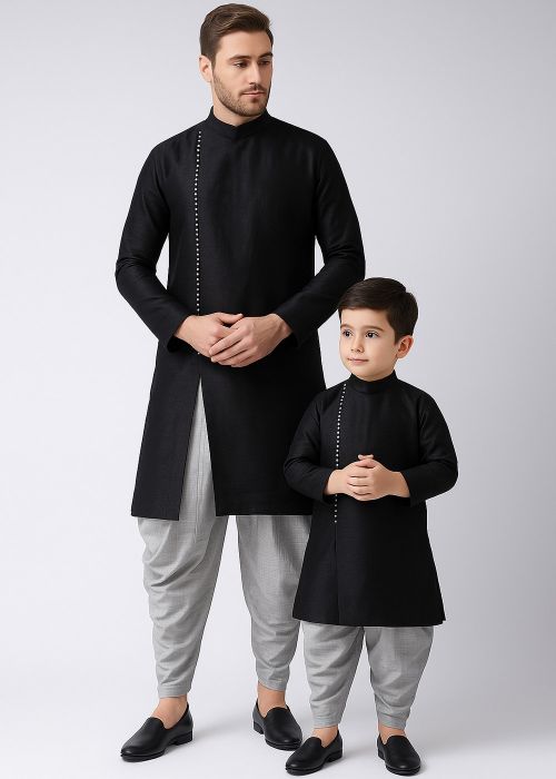 Black ReadymadeFather Son Dhoti Kurta Set