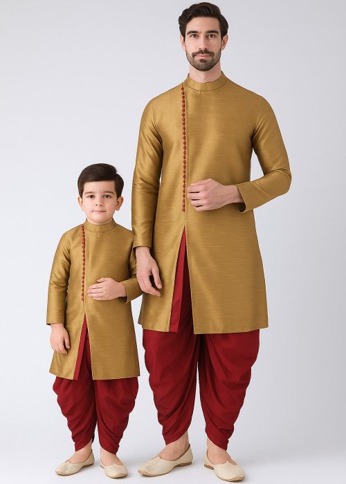 Golden Dupion Silk Father Son Dhoti Kurta Set