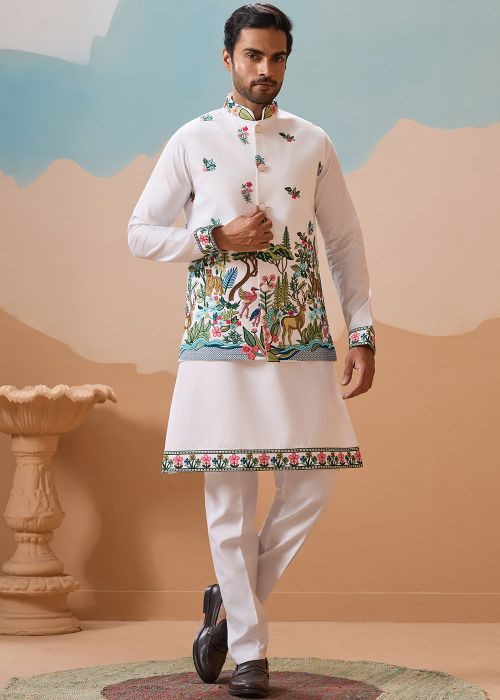 White Viscose Kurta Pant With Embroidered Jacket