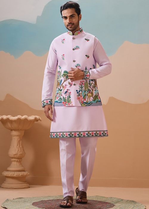 Light Pink Kurta Pant With Floral Nehru Jacket