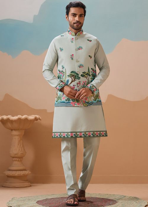 Mint Green Kurta Pant With Embroidered Jacket