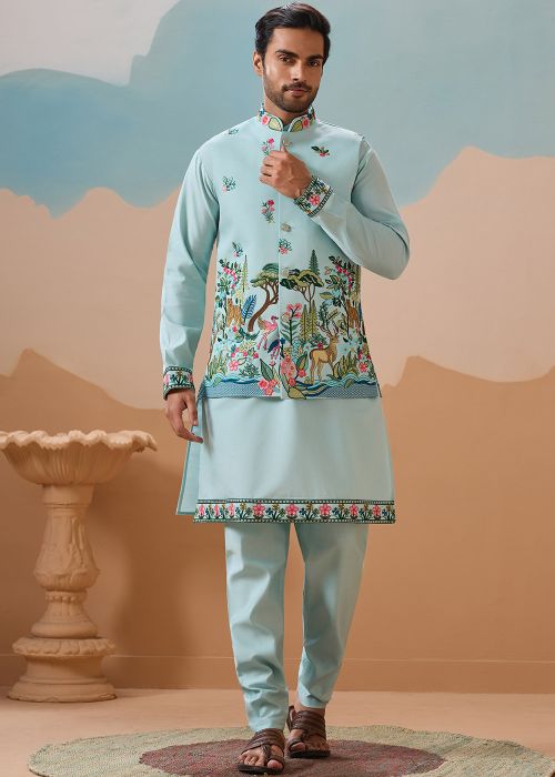 Sky Blue Kurta Pant With Vibrant Nehru Jacket