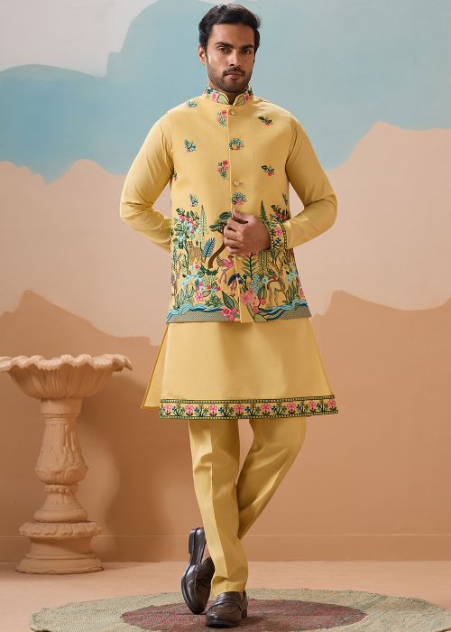 Yellow Kurta Pant With Statement Embroidery Jacket