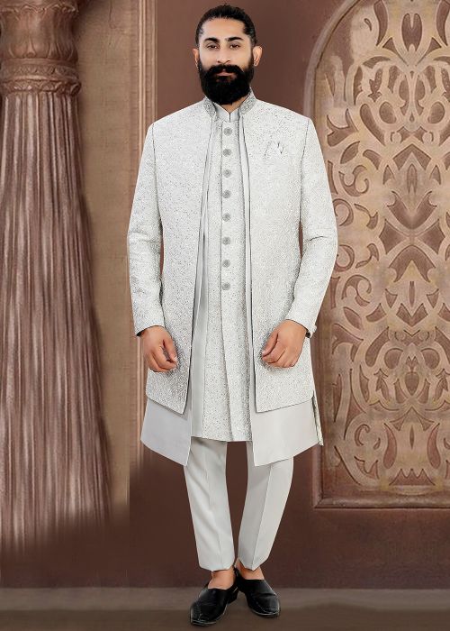 Grey Jacquard Sherwani Set With Dori Work