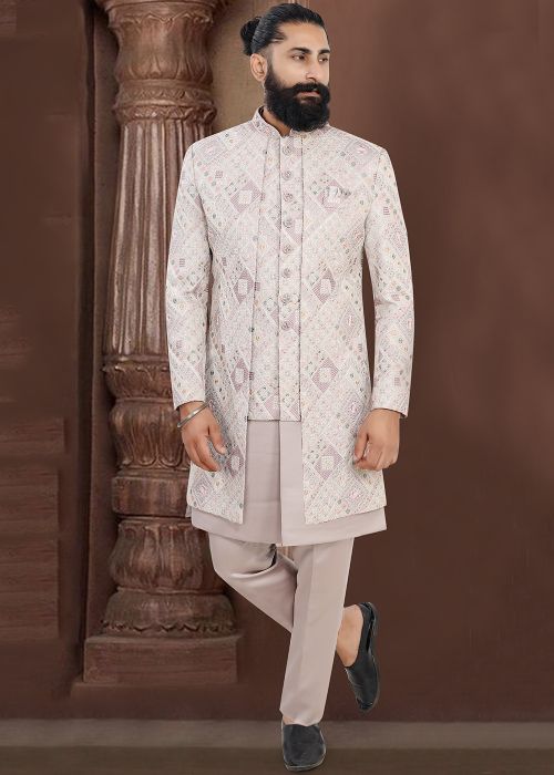 Mauve Purple Jacquard Embroidered Sherwani Set