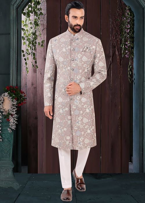 Grey Floral Embroidered Jacquard Sherwani With Pant