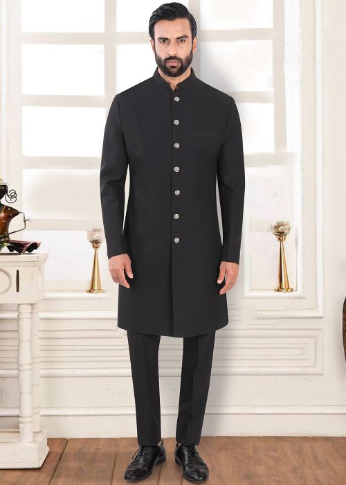 Black Terry Rayon Indo Western Sherwani Set