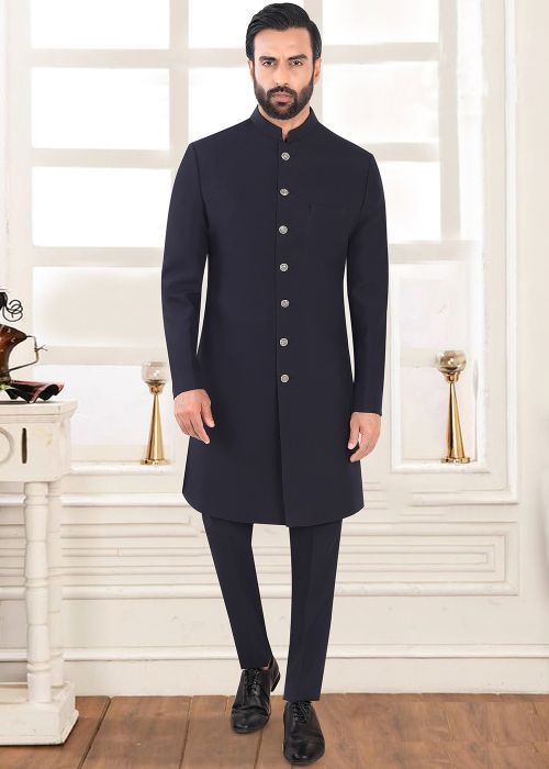 Navy Blue Terry Rayon Indo Western Sherwani Set