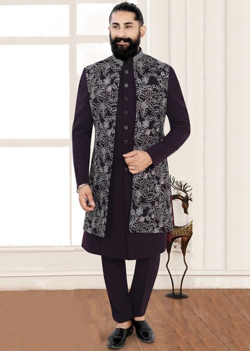 Purple Terry Rayon Embroidered Sherwani With Jacket
