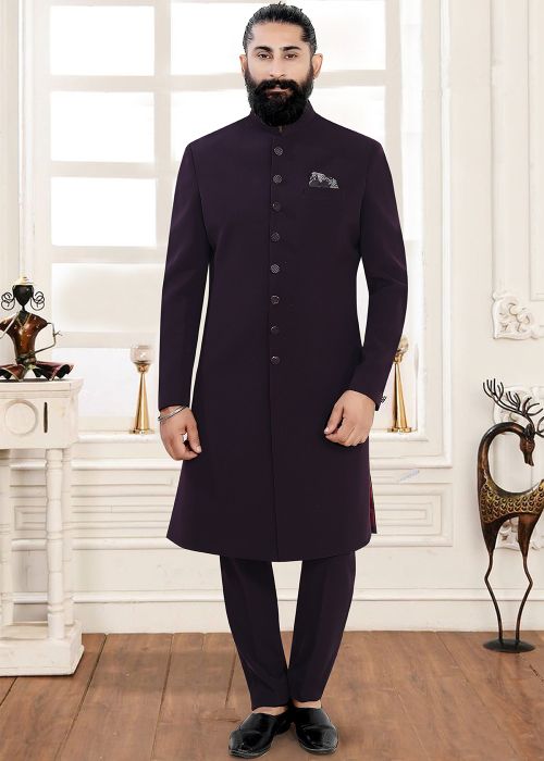 Purple Terry Rayon Indo Western Sherwani Set