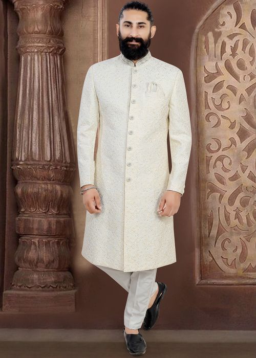 Off White Jacquard Embroidered Sherwani Set