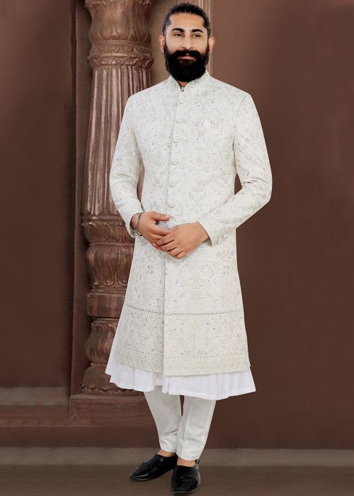 Off White Viscose Sherwani With Anarkali Kurta
