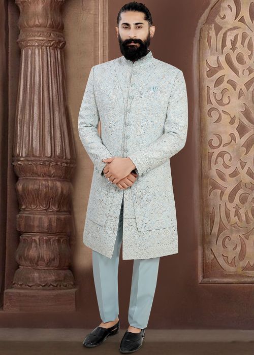 Sky Blue Viscose Indo Western Sherwani Set