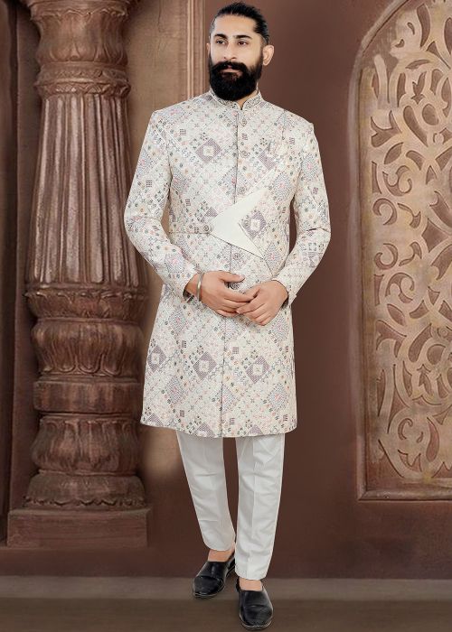 Off White Jacquard Sherwani With Belt Detail