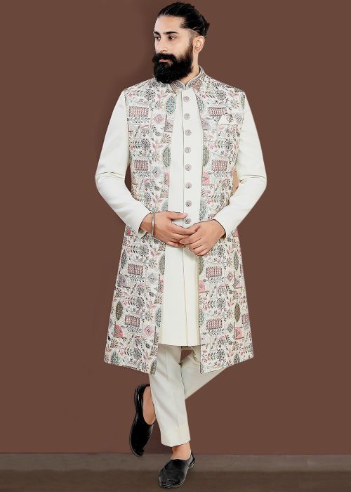 Off White Embroidered Jacquard Sherwani Set