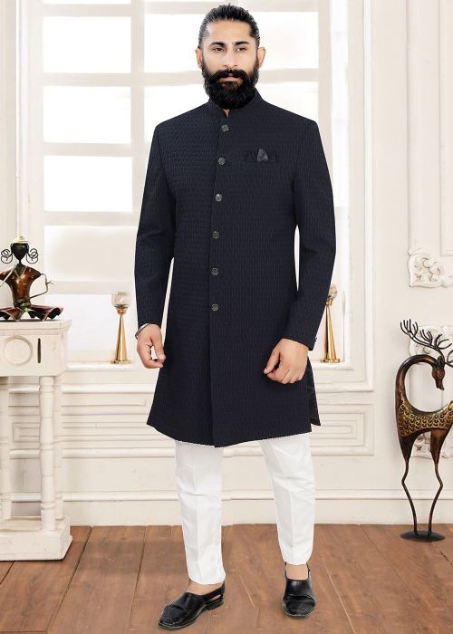 Black Jacquard Indo Western Sherwani With Pant