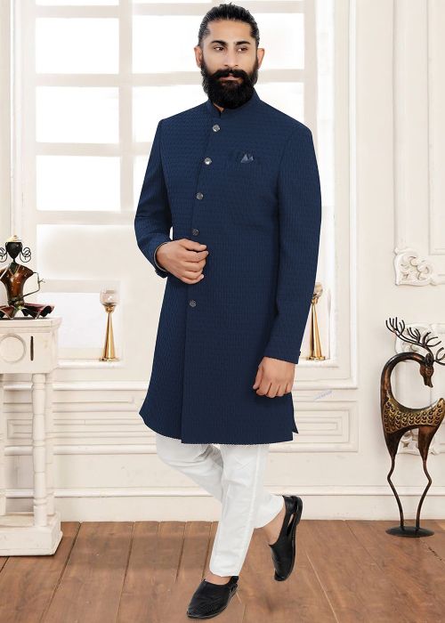 Navy Blue Jacquard Indo Western Sherwani With Pant