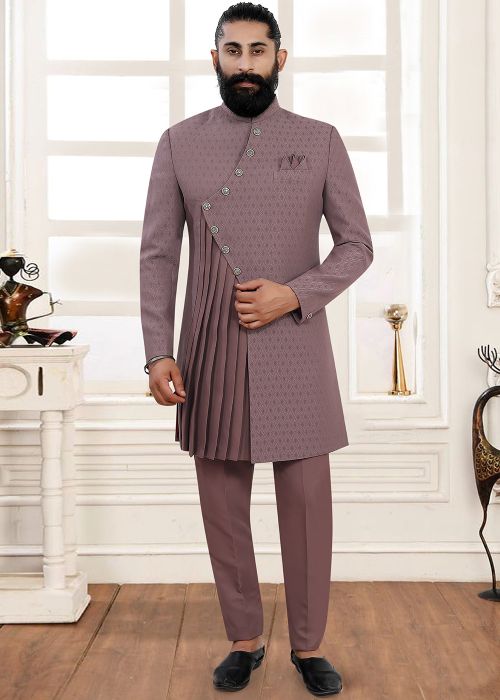 Mauve Purple Jacquard Indo Western Sherwani With Pant
