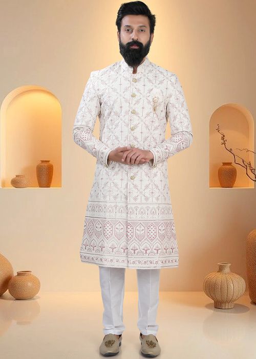Cream Silk Sherwani Set With Embroidered Motifs