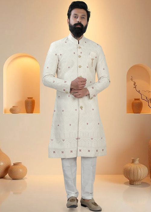 Cream Silk Sherwani Set With Subtle Thread Work