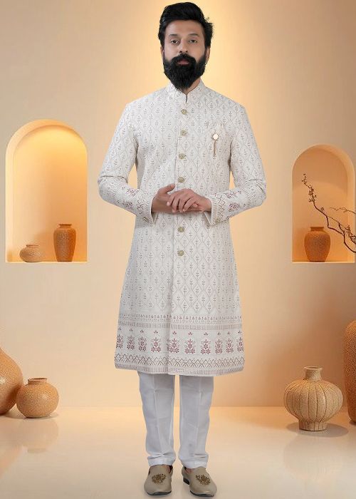 White Silk Sherwani Set With Classic Pattern